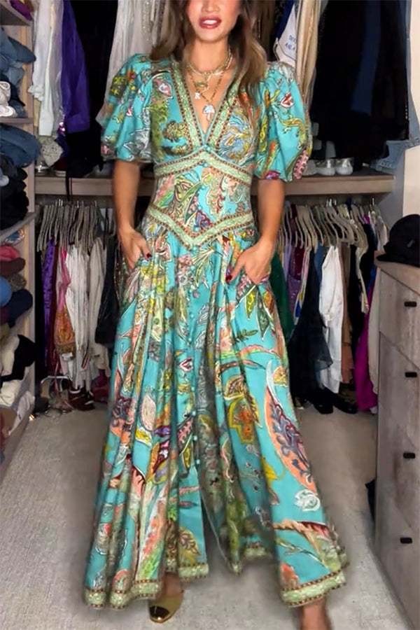 Maxi-Kleid Airy mit puffärmel und V-Ausschnitt