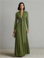 Oliv Seide Maxi Kleid V-Ausschnitt