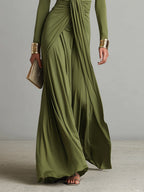 Oliv Seide Maxi Kleid V-Ausschnitt