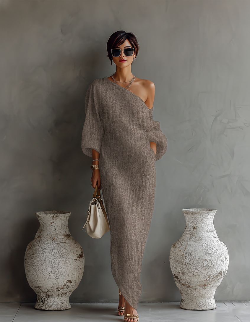 Isabella | Fließendes Leinen Kleid Off-Shoulder