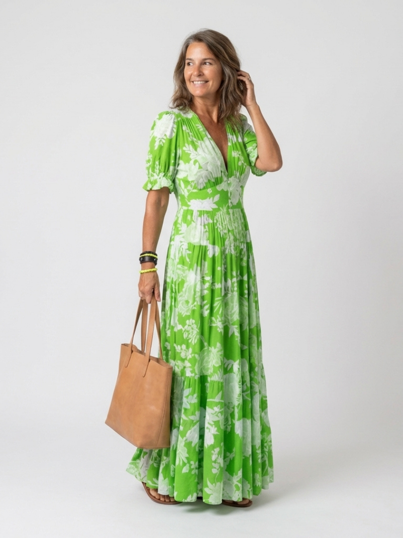 Ione | Kurzärmliges V-Ausschnitt Blumen-Midi-Kleid
