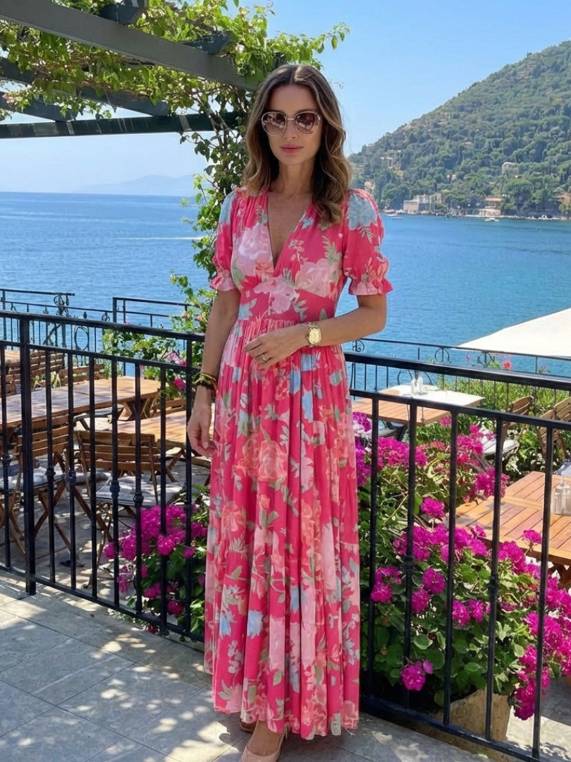 Ione | Kurzärmliges V-Ausschnitt Blumen-Midi-Kleid