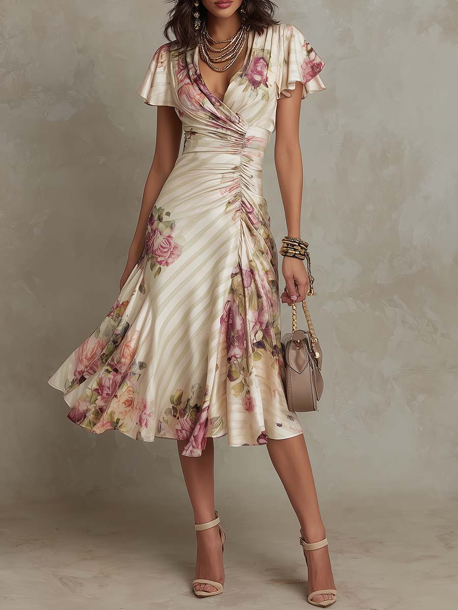 Margaret | Vintage Floral Satin Midi Kleid