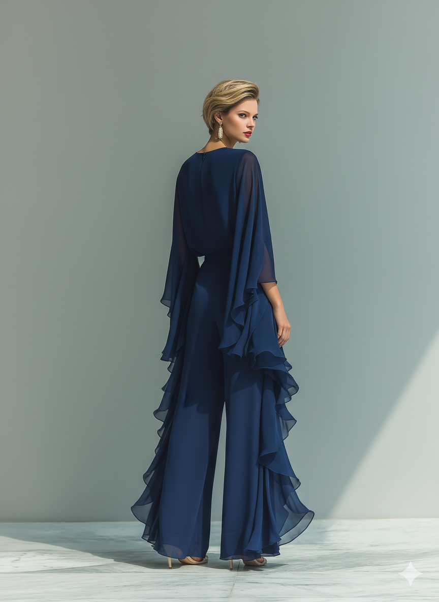 Marineblau Chiffon Set Rüschen