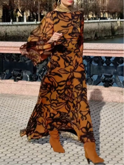 Ashley | Strand Glamour Braunes langes bedrucktes Kleid