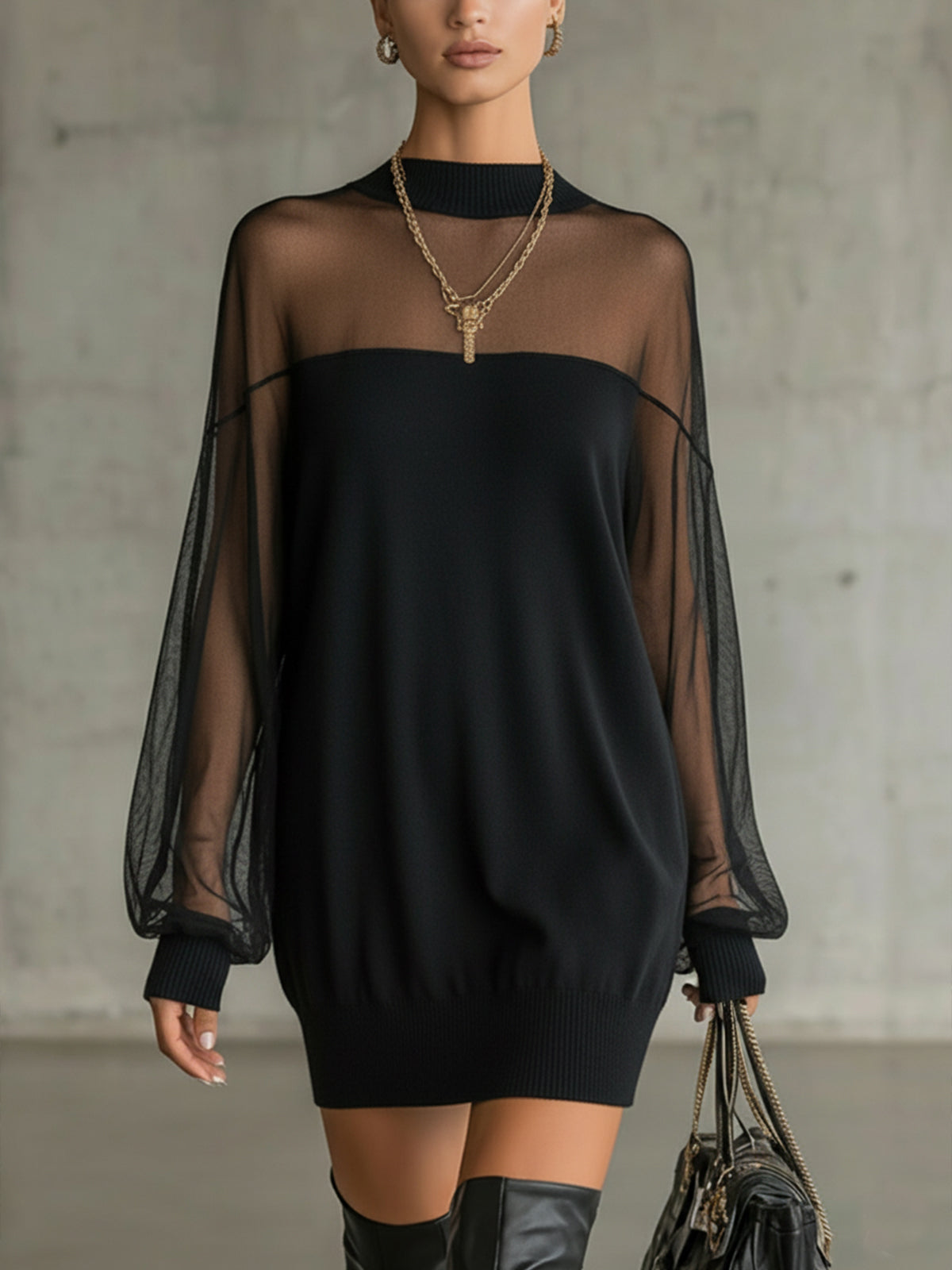 Daisy | Schwarzes Mesh-Ärmels High-Neck Midi-Kleid