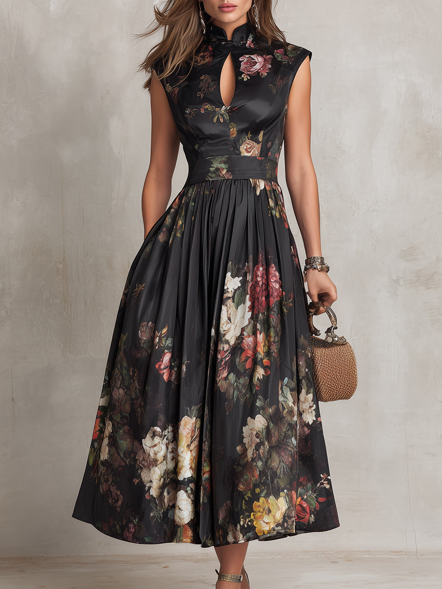 Patricia | Schwarzes Blumen Satin Falten Midi Kleid