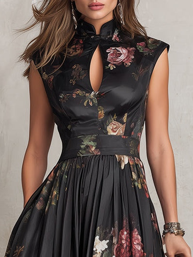 Patricia | Schwarzes Blumen Satin Falten Midi Kleid