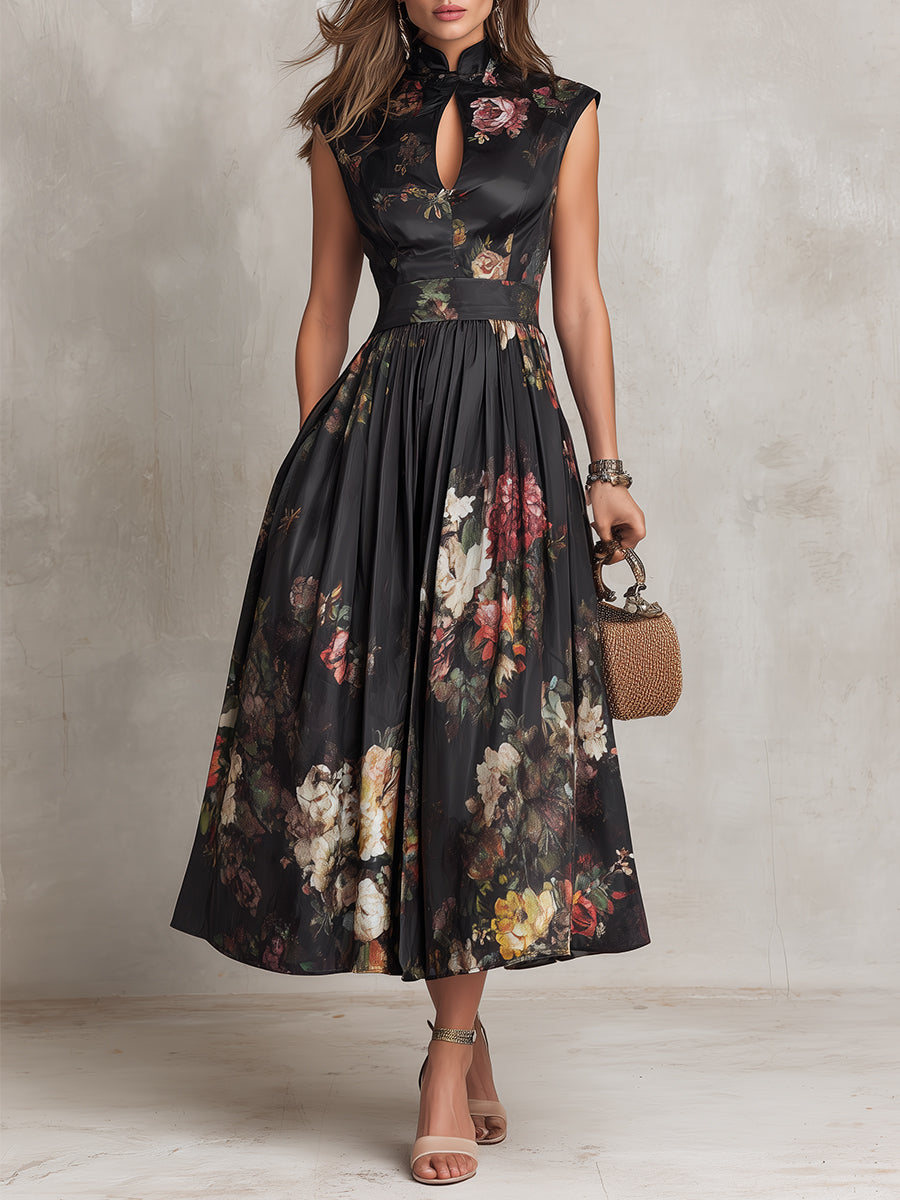 Patricia | Schwarzes Blumen Satin Falten Midi Kleid