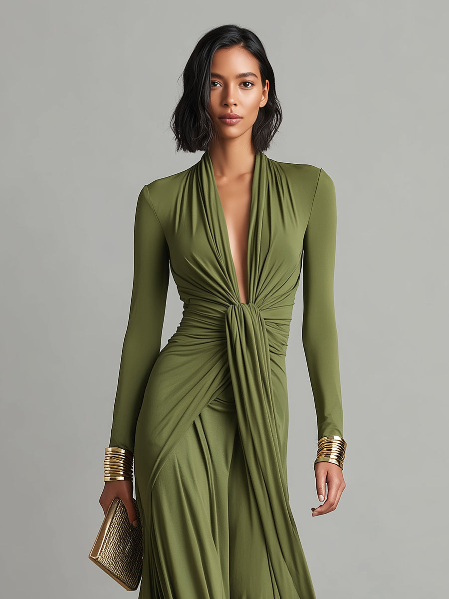 Oliv Seide Maxi Kleid V-Ausschnitt