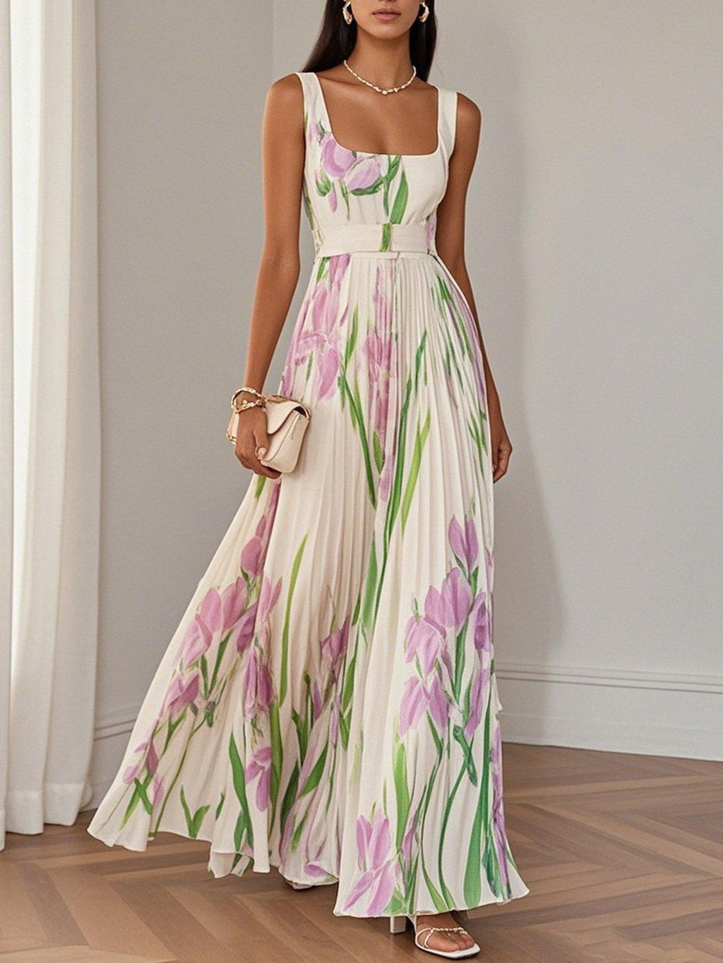 Marie | Weißes Faltenblumen Chiffon Maxi Kleid