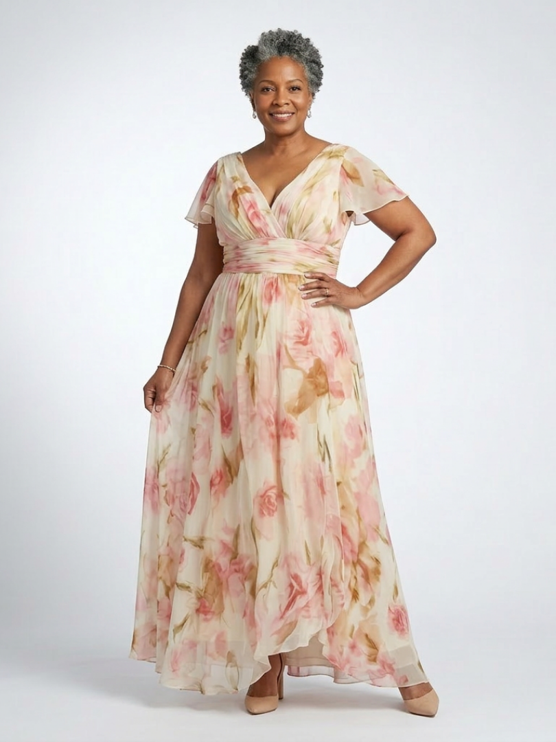 Elara | V-Ausschnitt Kurzarm Blüten Maxi Kleid