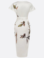 Judy | Weißes Leaf Kurzarm Satin Midi Kleid